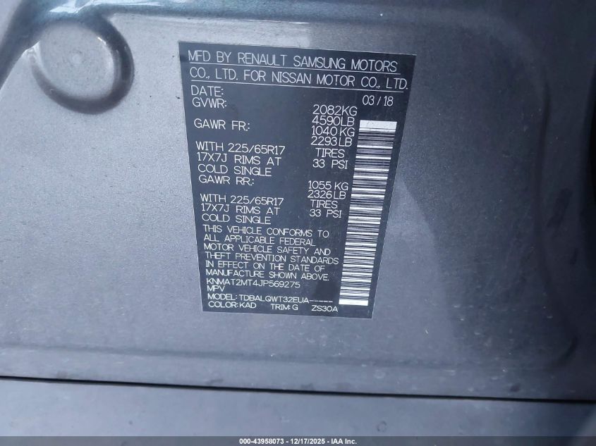 2018 Nissan Rogue Sv VIN: KNMAT2MT4JP569275 Lot: 43958073