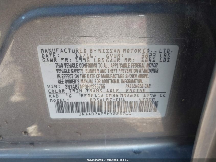 2017 Nissan Sentra S VIN: 3N1AB7AP9HY225766 Lot: 43958074