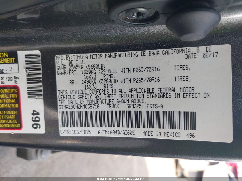 2017 Toyota Tacoma Trd Off Road VIN: 3TMAZ5CN0HM038710 Lot: 43958075