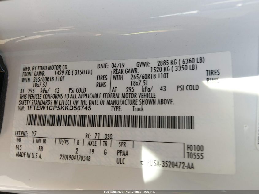 2019 Ford F-150 Xlt VIN: 1FTEW1CP5KKD56745 Lot: 43958078