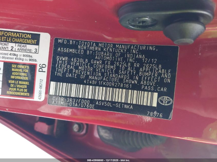 2013 Toyota Camry Le VIN: 4T4BF1FK0DR278161 Lot: 43958080