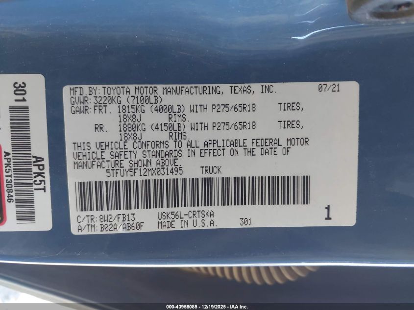 2021 Toyota Tundra Sr5 VIN: 5TFUY5F12MX031495 Lot: 43958085