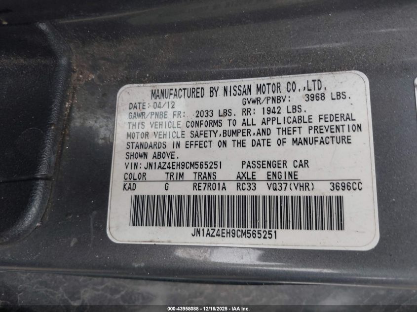 2012 Nissan 370Z VIN: JN1AZ4EH9CM565251 Lot: 43958088