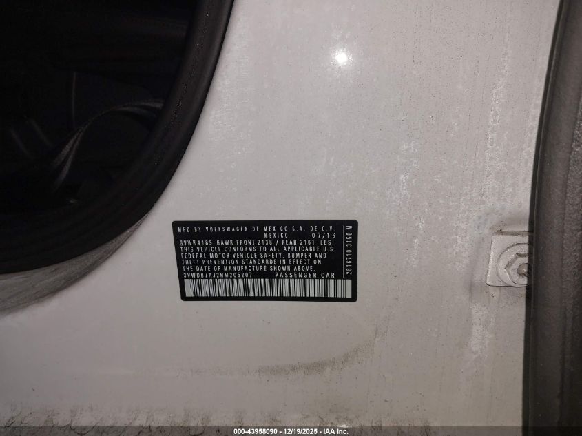 2017 Volkswagen Jetta 1.4T Se VIN: 3VWDB7AJ2HM205207 Lot: 43958090