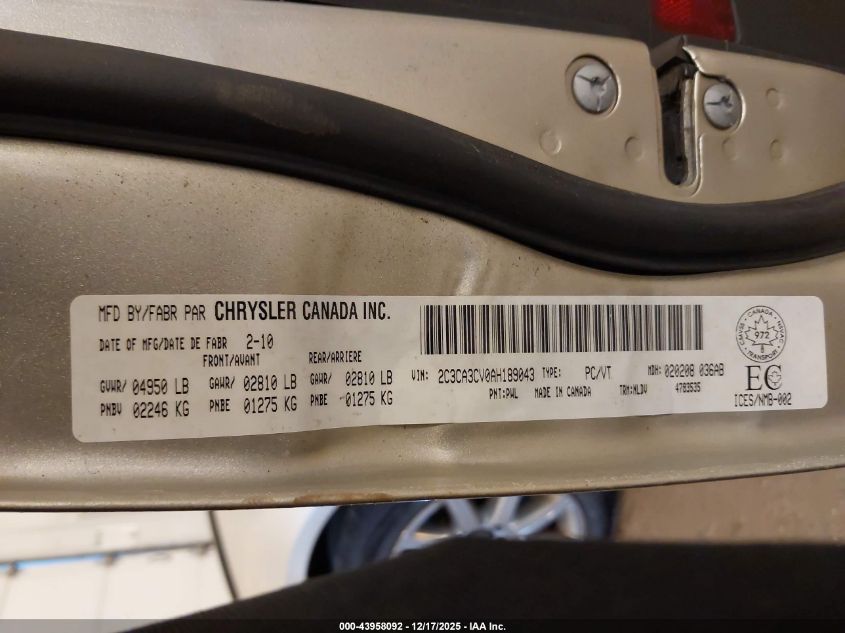 2010 Chrysler 300 Limited VIN: 2C3CA3CV0AH189043 Lot: 43958092