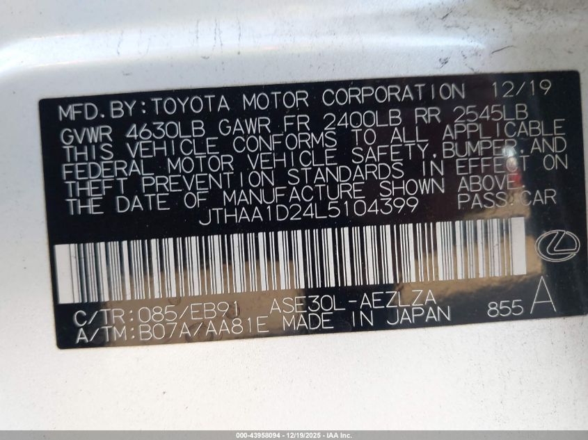 2020 Lexus Is 300 VIN: JTHAA1D24L5104399 Lot: 43958094