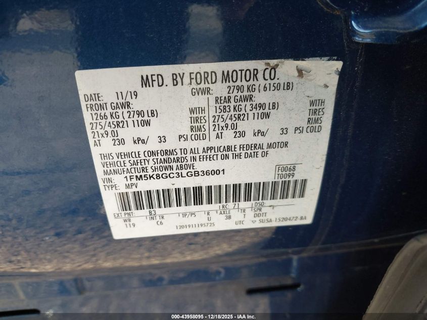 2020 Ford Explorer St VIN: 1FM5K8GC3LGB36001 Lot: 43958095