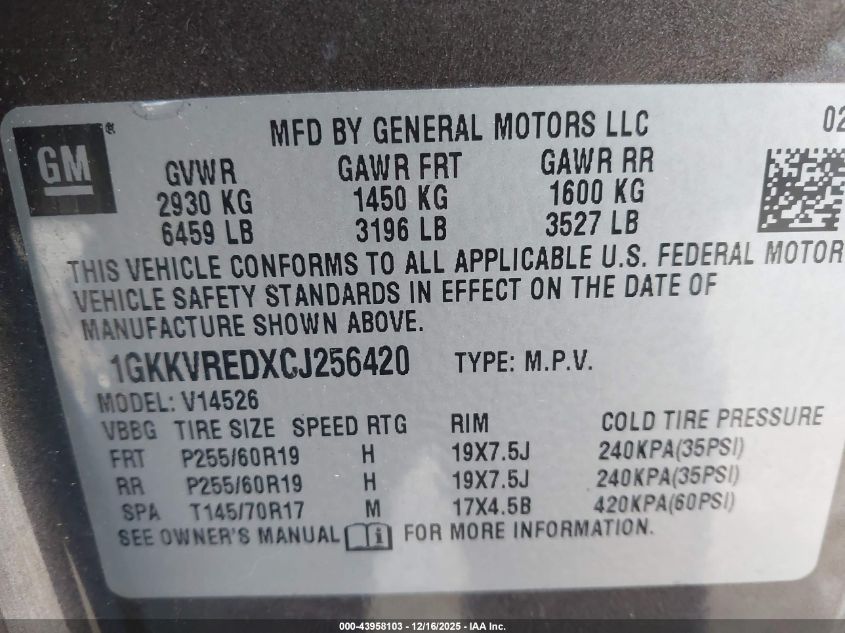 2012 GMC Acadia Slt-1 VIN: 1GKKVREDXCJ256420 Lot: 43958103