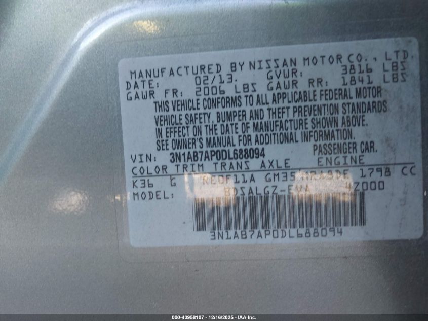 2013 Nissan Sentra Sl VIN: 3N1AB7AP0DL688094 Lot: 43958107