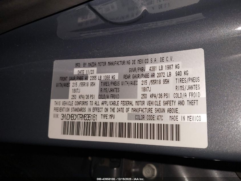 2024 Mazda Cx-30 2.5 S Carbon Edition VIN: 3MVDMBCM7RM635161 Lot: 43958108