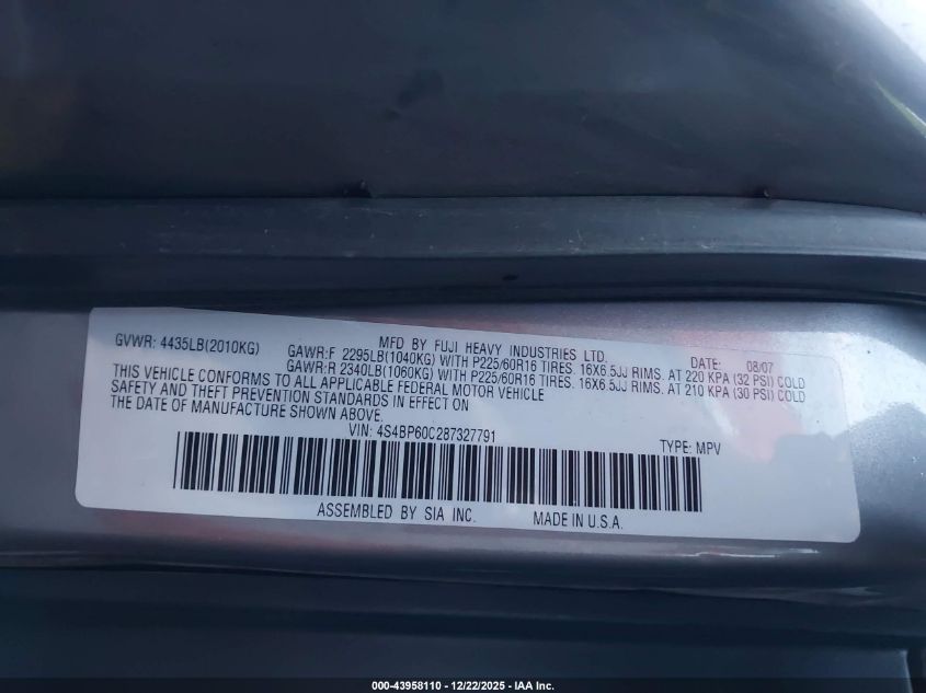 2008 Subaru Outback VIN: 4S4BP60C287327791 Lot: 43958110