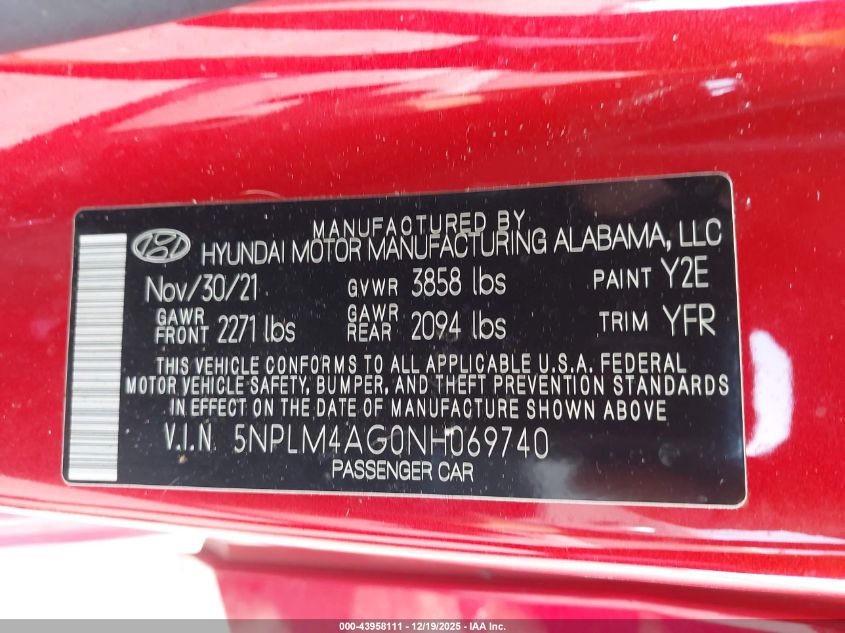 2022 Hyundai Elantra Sel VIN: 5NPLM4AG0NH069740 Lot: 43958111