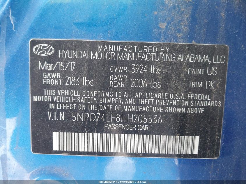 2017 Hyundai Elantra Se VIN: 5NPD74LF8HH205536 Lot: 43958113