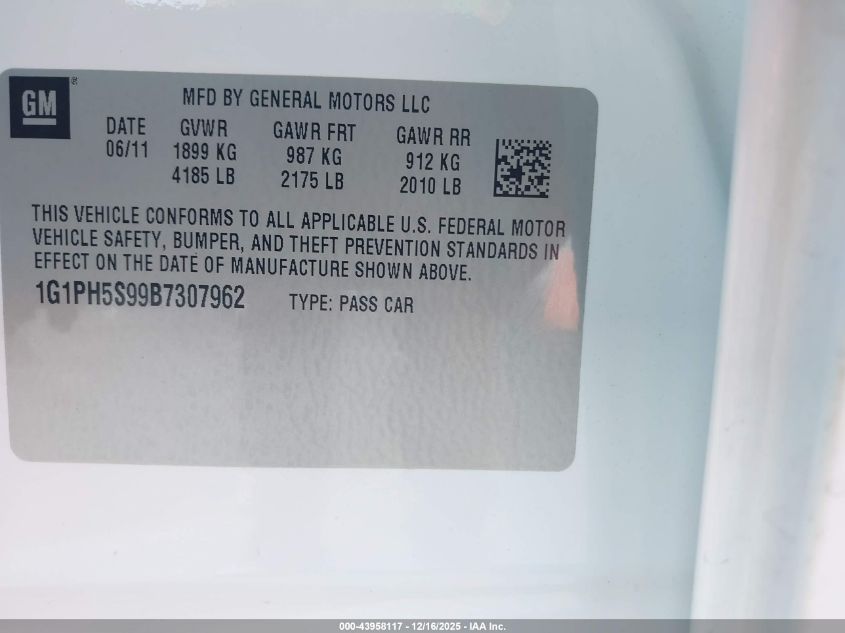 2011 Chevrolet Cruze Ltz VIN: 1G1PH5S99B7307962 Lot: 43958117