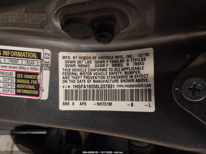 2006 Honda Civic Lx VIN: 1HGFA16556L037831 Lot: 43958120