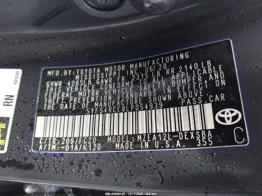 2020 Toyota Corolla Se VIN: 5YFS4RCE8LP054939 Lot: 43958125