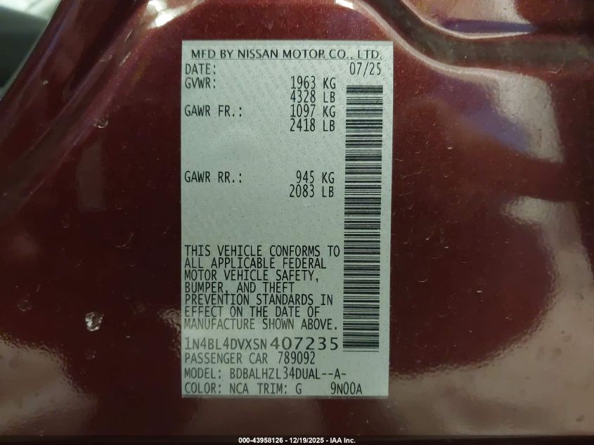 2025 Nissan Altima Sv Fwd VIN: 1N4BL4DVXSN407235 Lot: 43958126