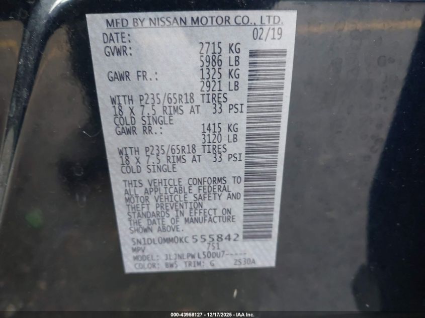 2019 Infiniti Qx60 Pure VIN: 5N1DL0MM0KC555842 Lot: 43958127