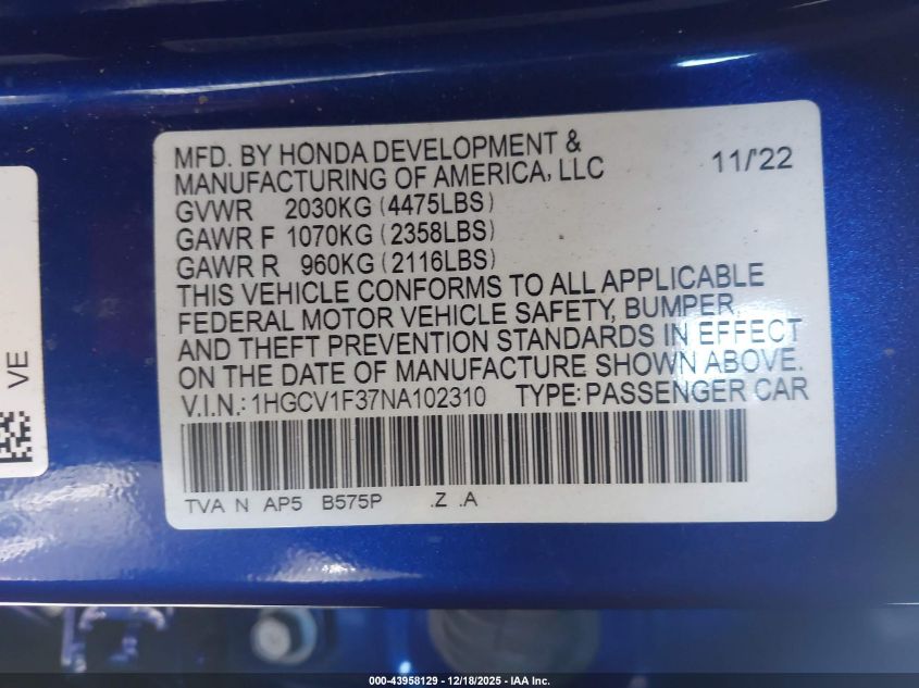 2022 Honda Accord Sport VIN: 1HGCV1F37NA102310 Lot: 43958129