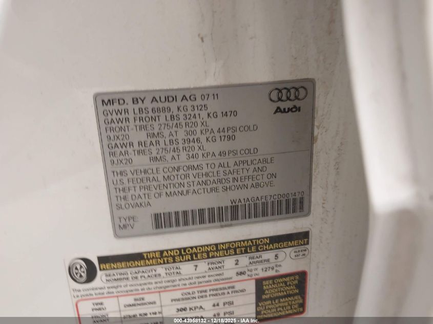 2012 Audi Q7 3.0T S Line Prestige VIN: WA1AGAFE7CD001470 Lot: 43958132
