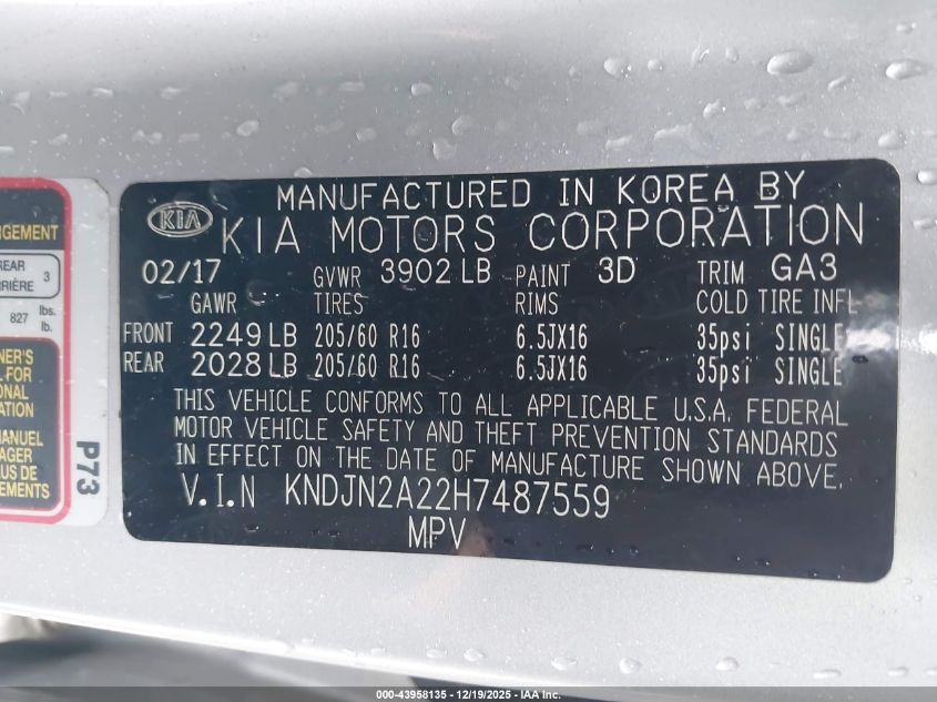 2017 Kia Soul VIN: KNDJN2A22H7487559 Lot: 43958135