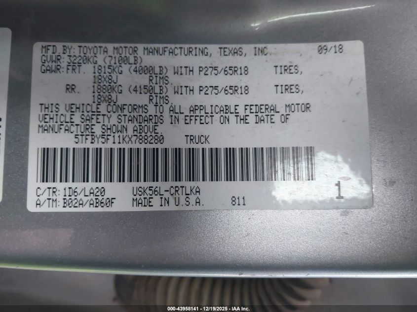 2019 Toyota Tundra Limited 5.7L V8 VIN: 5TFBY5F11KX788280 Lot: 43958141