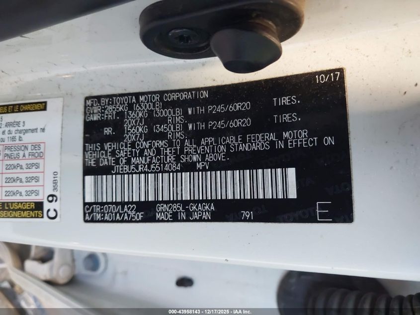 2018 Toyota 4Runner Limited VIN: JTEBU5JR4J5514084 Lot: 43958143