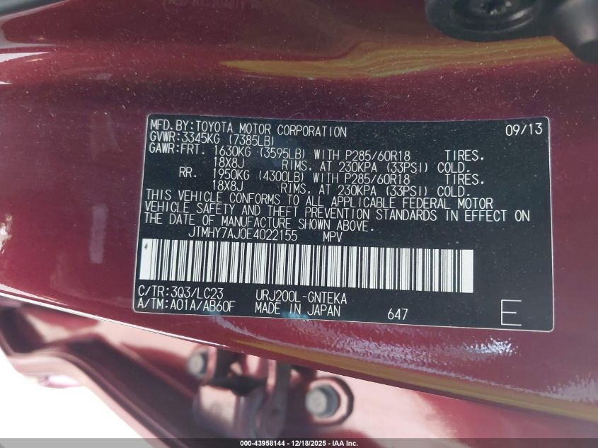 2014 Toyota Land Cruiser V8 VIN: JTMHY7AJ0E4022155 Lot: 43958144