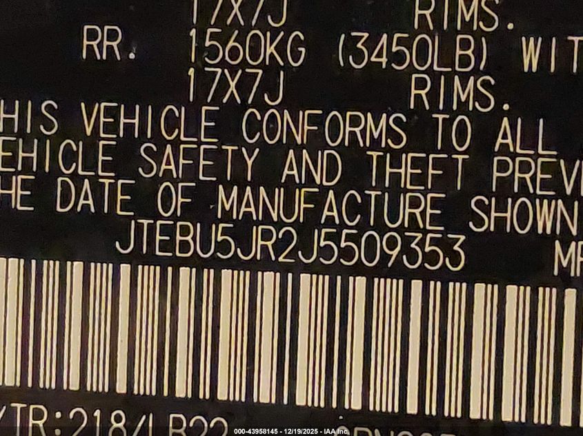 2018 Toyota 4Runner Sr5 Premium VIN: JTEBU5JR2J5509353 Lot: 43958145