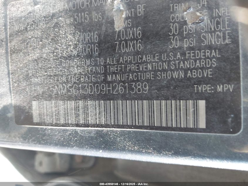 2009 Hyundai Santa Fe Gls VIN: 5NMSG13D09H261389 Lot: 43958146