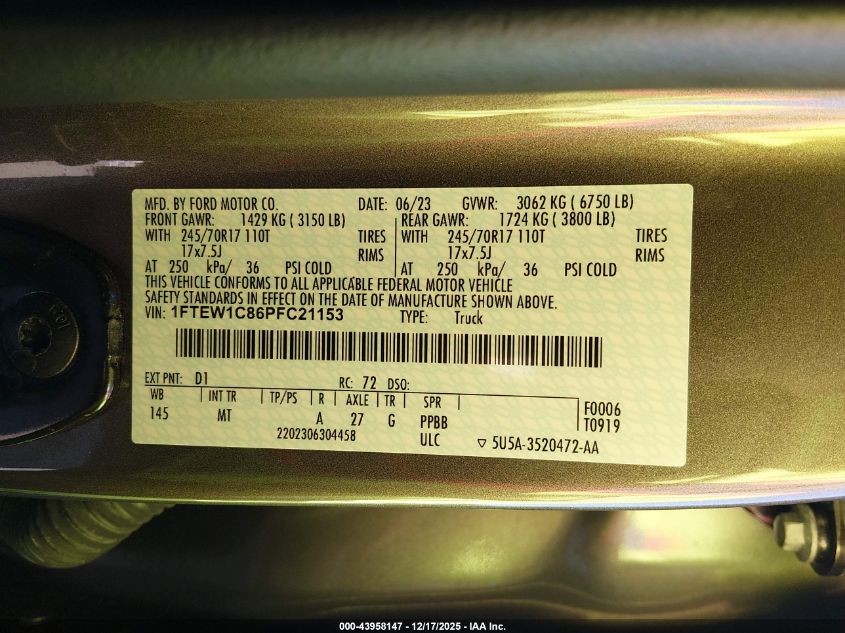2023 Ford F-150 Xlt VIN: 1FTEW1C86PFC21153 Lot: 43958147