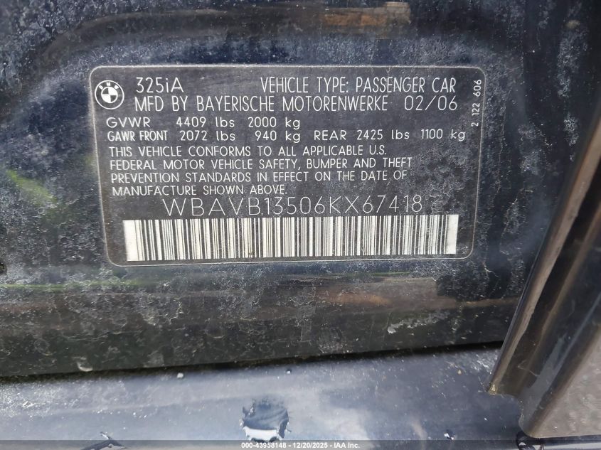 2006 BMW 325I VIN: WBAVB13506KX67418 Lot: 43958148