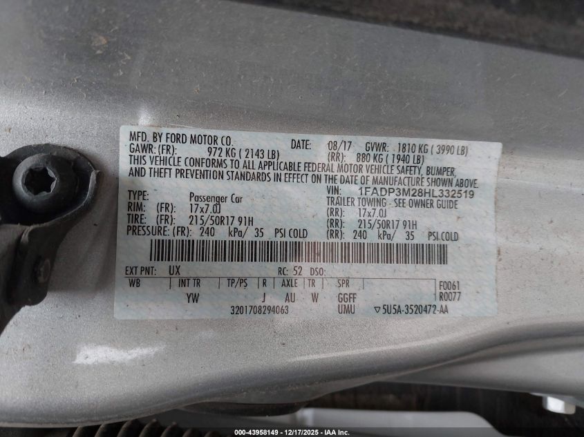 2017 Ford Focus Sel VIN: 1FADP3M28HL332519 Lot: 43958149