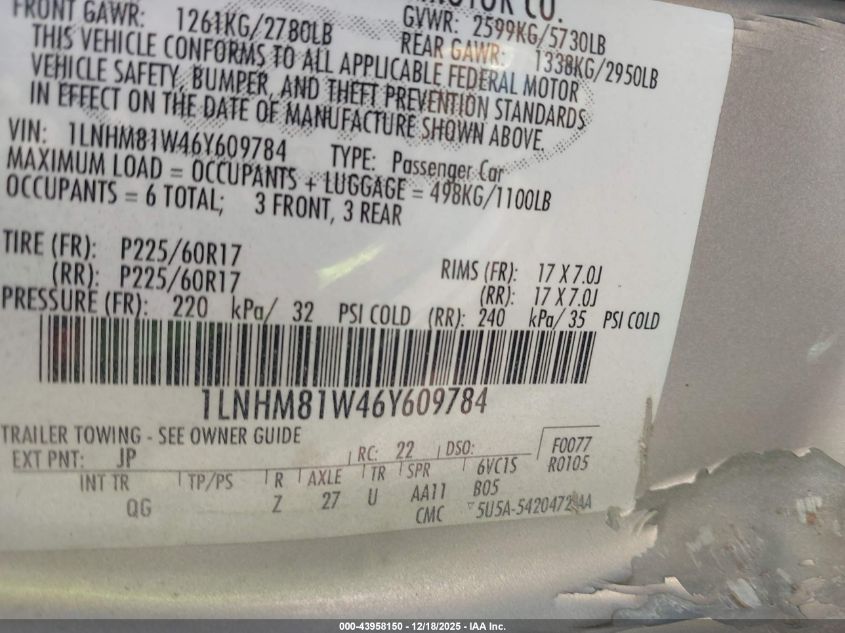 2006 Lincoln Town Car Signature VIN: 1LNHM81W46Y609784 Lot: 43958150
