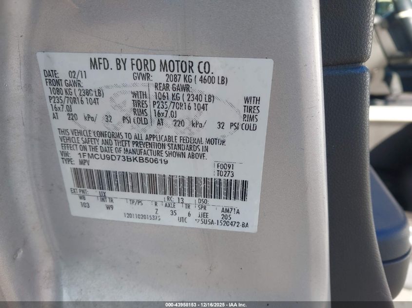 2011 Ford Escape Xlt VIN: 1FMCU9D73BKB50619 Lot: 43958153