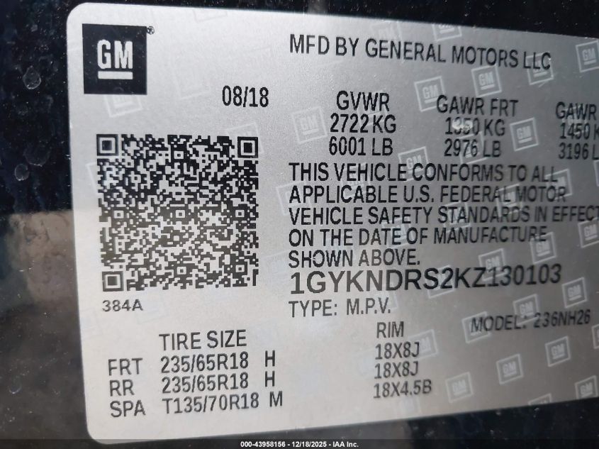 2019 Cadillac Xt5 Luxury VIN: 1GYKNDRS2KZ130103 Lot: 43958156