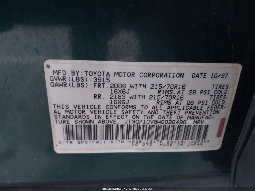 1998 Toyota Rav4 VIN: JT3GP10V8W0020490 Lot: 43958159