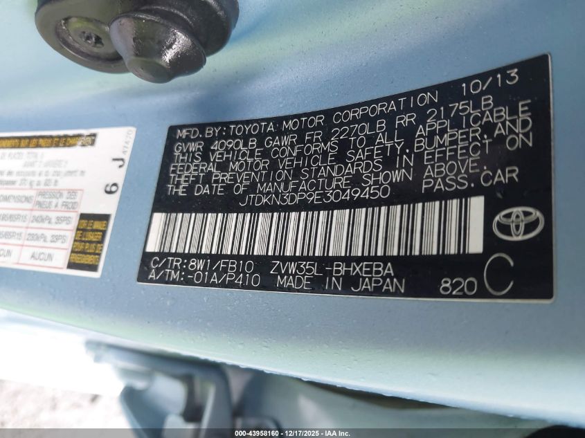 2014 Toyota Prius Plug-In VIN: JTDKN3DP9E3049450 Lot: 43958160