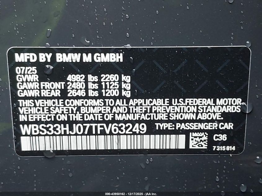 2026 BMW M3 Competition xDrive VIN: WBS33HJ07TFV63249 Lot: 43958162