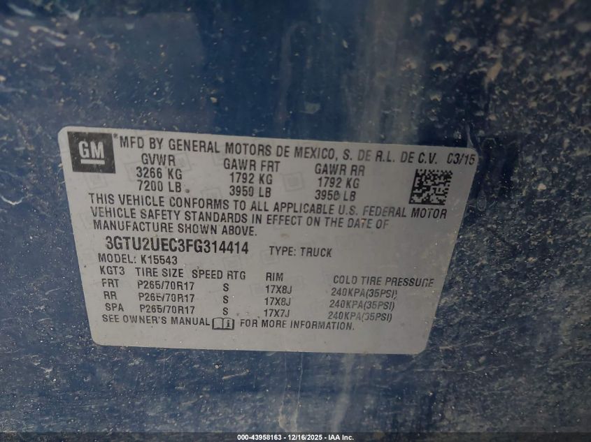 2015 GMC Sierra 1500 Sle VIN: 3GTU2UEC3FG314414 Lot: 43958163
