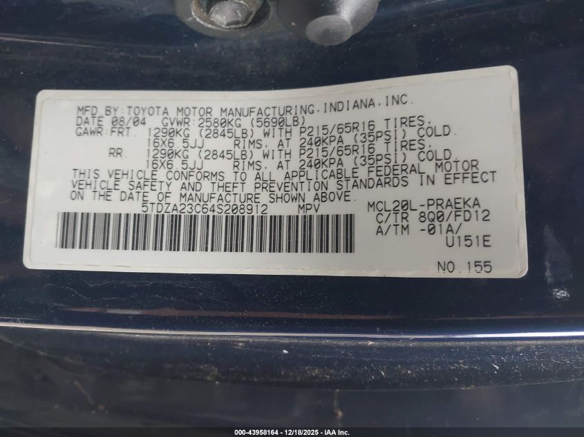 2004 Toyota Sienna Ce VIN: 5TDZA23C64S208912 Lot: 43958164