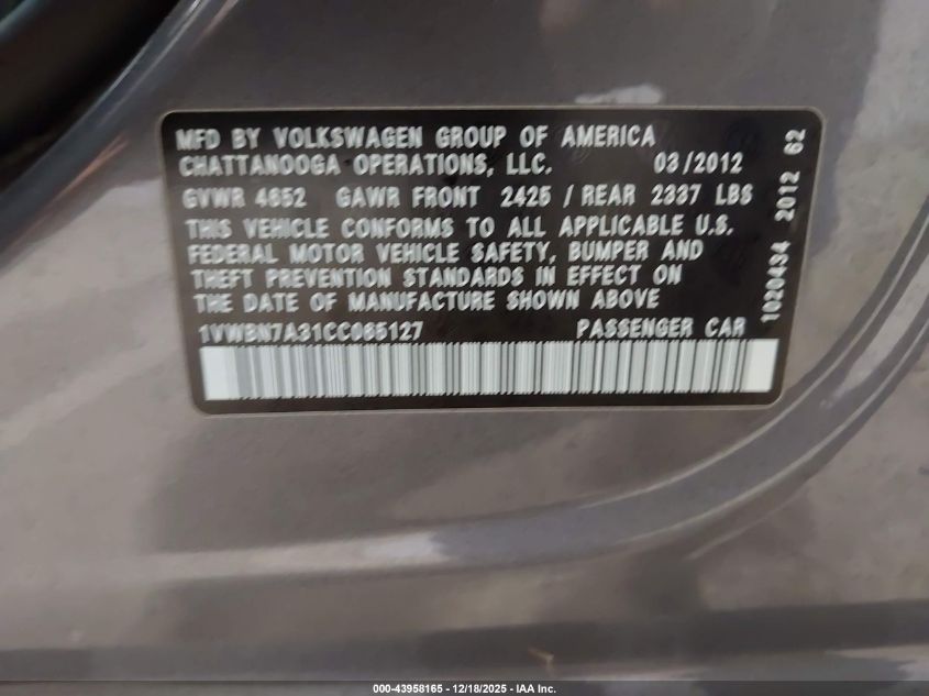 2012 Volkswagen Passat 2.0L Tdi Se VIN: 1VWBN7A31CC065127 Lot: 43958165
