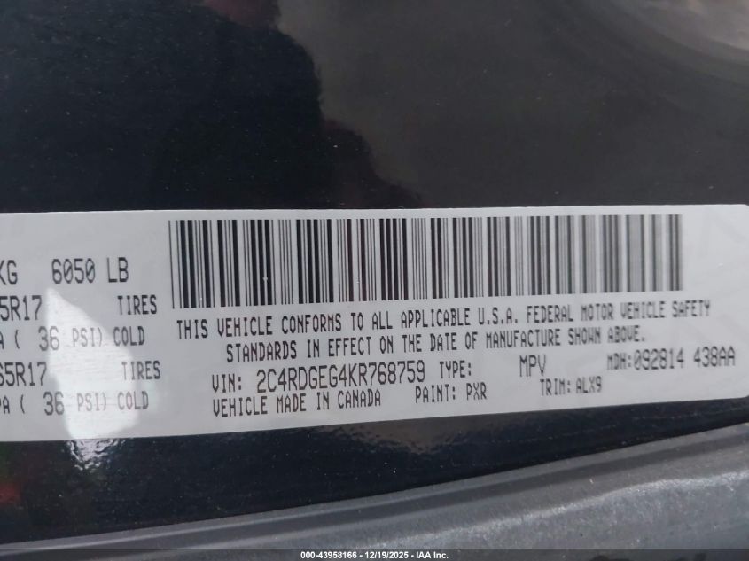 2019 Dodge Grand Caravan Gt VIN: 2C4RDGEG4KR768759 Lot: 43958166