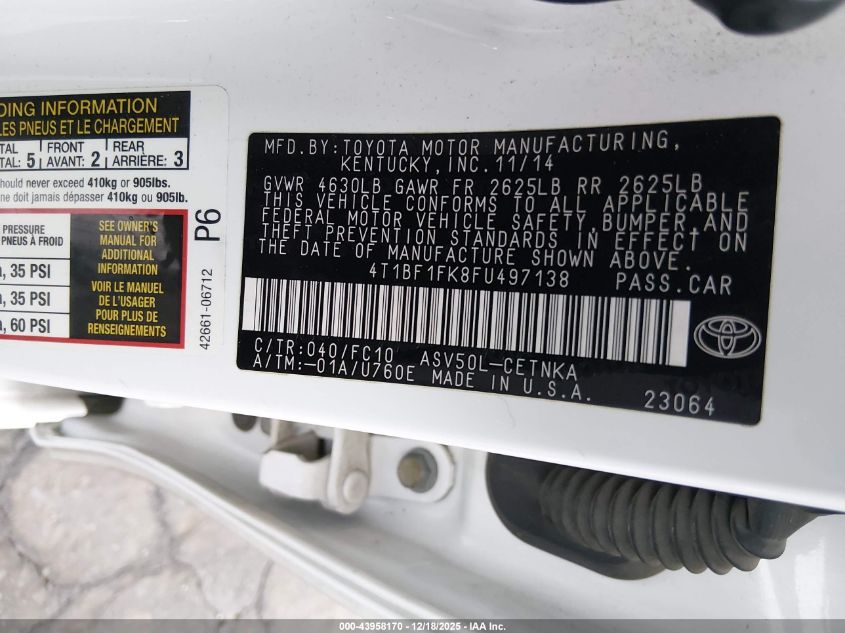 2015 Toyota Camry Le VIN: 4T1BF1FK8FU497138 Lot: 43958170