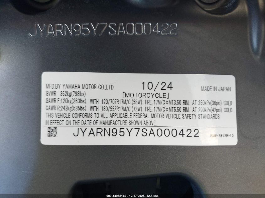 2025 Yamaha Mt09 Sp VIN: JYARN95Y7SA000422 Lot: 43958169