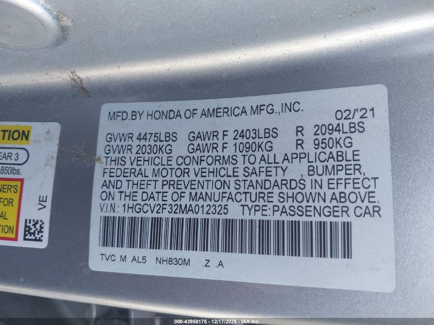 2021 Honda Accord Sport 2.0T VIN: 1HGCV2F32MA012325 Lot: 43958175