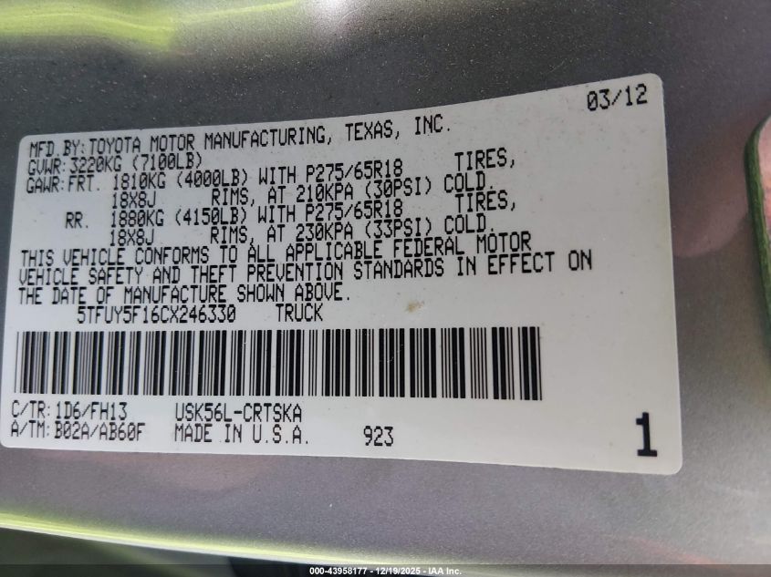 2012 Toyota Tundra Grade 5.7L V8 VIN: 5TFUY5F16CX246330 Lot: 43958177