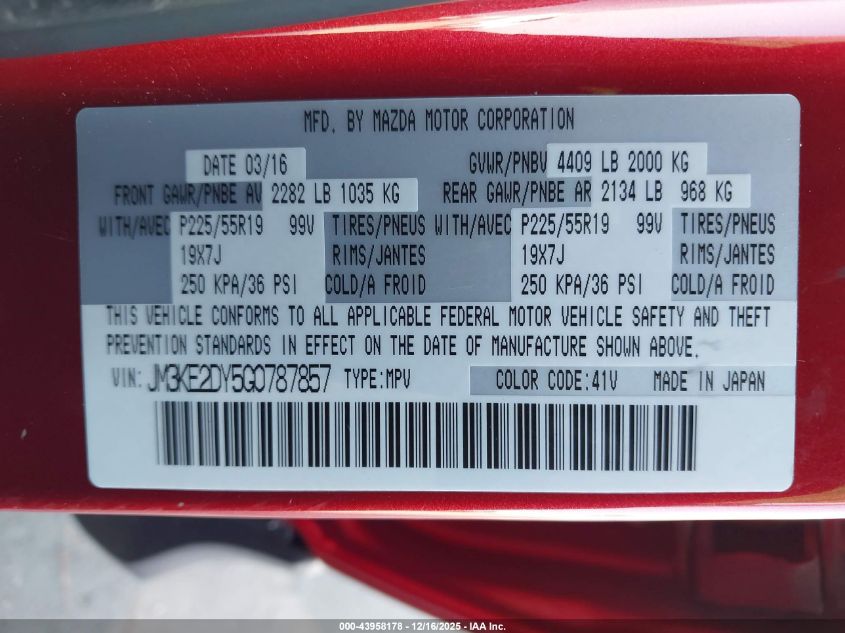 2016 Mazda Cx-5 Grand Touring VIN: JM3KE2DY5G0787857 Lot: 43958178