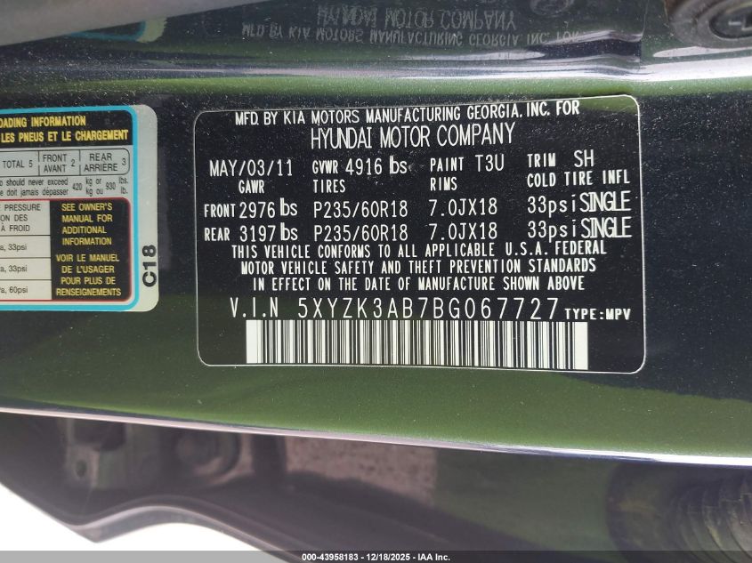 2011 Hyundai Santa Fe Limited VIN: 5XYZK3AB7BG067727 Lot: 43958183