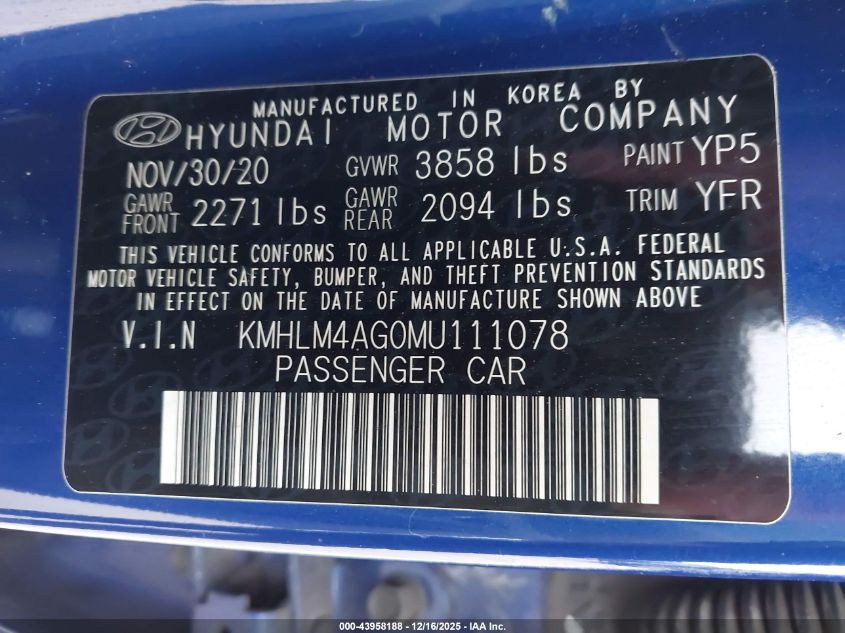 2021 Hyundai Elantra Sel VIN: KMHLM4AG0MU111078 Lot: 43958188